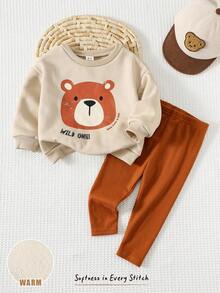 Cozy Pixies 2 pezzi Set di felpa con cappuccio a maniche lunghe e pantaloni lunghi con vita elastica, in maglia morbida con motivo a orsetto, per bambini e neonati, imbottitura termica, adatto per autunno/inverno