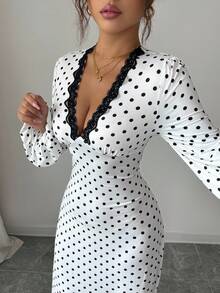 INAWLY Vestido feminino de manga comprida com decote em V e bolinhas, ideal para férias, encontros e passeios, outono/inverno - Branco - Ver 3