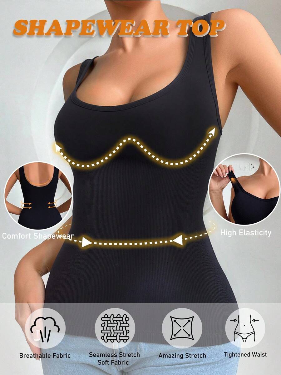 SHEIN 1pc Women Seamless Comfortable Sports Camisole Shapewear Tank Top Shapewear Top - Black - View 1