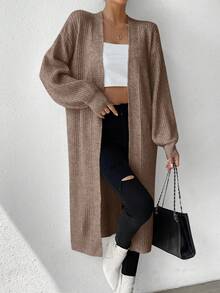 EMERY ROSE Women's Brown V-Neck Ribbed Lantern Sleeve Wool Blend Cardigan - Brown - View 4