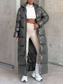 SHEIN Cottnline Women's Unique Design Drawstring Sleeve Padded Warm Puffer Long Down Coat - Grey - View 7