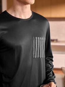 Manfinity Underwear&Sleepwear Basics 2pcs/Set Plus Size Men's Striped Crew Neck Long Sleeve Top And Striped Pants Pajama Set (Comfortable Loungewear) - Black - View 5