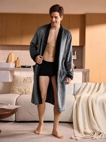 Snug Zone Men's Casual Colorblock Patchwork Belted Bathrobe, Autumn/Winter, Fluffy, Cozy - Dark Grey - View 3