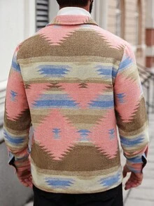 Manfinity Homme 男士几何图案长袖单排扣休闲口袋夹克，秋季 - 彩色 - 查看 2