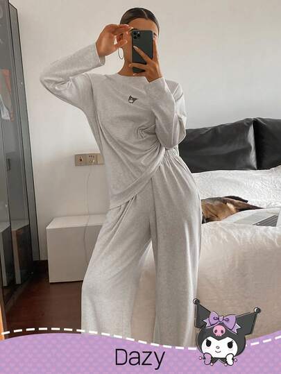 DAZY HELLO KITTY AND FRIENDS | SHEIN 女士休闲卡通图案插肩袖宽松上衣和裤子家居服套装，春秋季，舒适保暖，秋冬服装