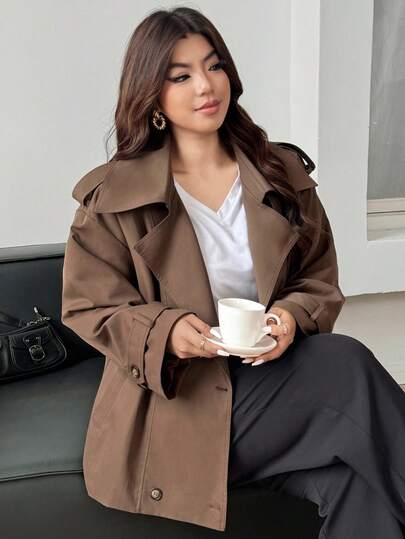 Dazy Plus Plus Size Classic Double-Breasted Windbreaker Jacket, Spring/Autumn Women Coats