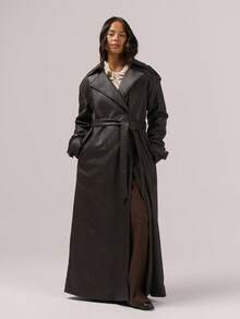 MUSERA 仿皮腰带系带细节翻领长款风衣，优雅晚装冬季复古风外套，尽显高贵气质。 - 咖啡棕 - 查看 1