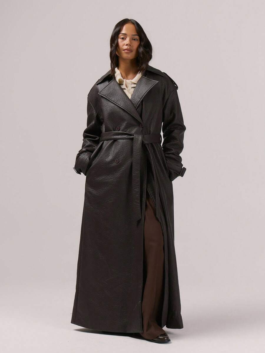 MUSERA 仿皮腰带系带细节翻领长款风衣，优雅晚装冬季复古风外套，尽显高贵气质。 - 咖啡棕 - 查看 1