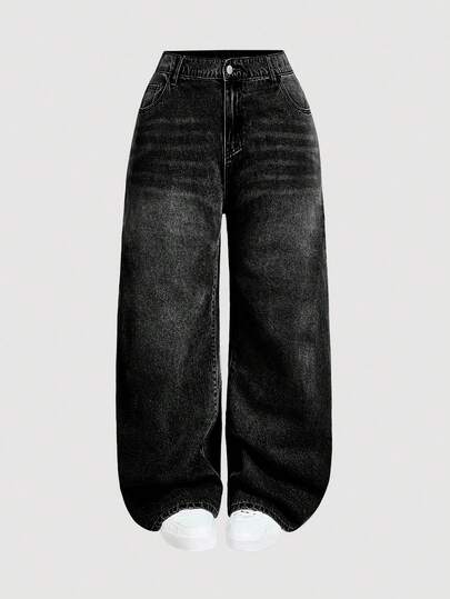 SHEIN MOD 大码低腰宽松阔腿蓝色牛仔裤、女式叠穿牛仔裤、女式妈妈牛仔裤、女式复古喇叭裤牛仔裤