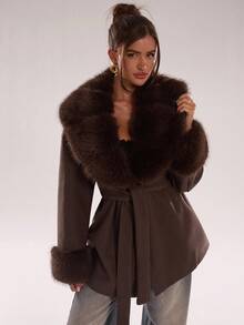 SHEIN BAE Women's Fashionable Faux Fur Patchwork Blended Overcoat, Fall/Winter Style Elegant Blended Overcoat, Perfect For Casual Outings, Dates, And Leisure Occasions Brown Coat Outerwear Women,Winter Clothes For Women - Coffee Brown - View 1