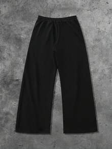 ROMWE MEN Street Life Pantalones de chándal rectos con cremallera y estampado de retazos, estilo casual de calle, unisex, para otoño/invierno - Negro - Ver 2