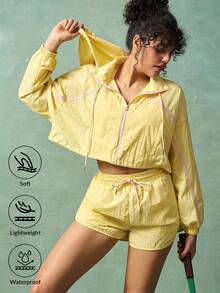 VARSIVA 2pcs/Set Women Casual Loose Long Sleeve Top And Drawstring Shorts Sportswear Set Yellow Two Piece Set Jacket And Shorts Set Yellow Shorts Women Yellow Activewear Two Piece Set Women Summer - Multicolor - View 9