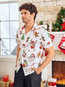 HIMLAND Men's 3D Digital Placement Santa Claus Print Casual Short Sleeve Polo Shirt Matching Pajama Couple Hawaiian For Couples Couple Set Hawaii Couple Matching Couple Matching Shirt, For Christmas