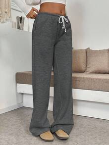 Flirla Tall 女款高腰寬腿褲，灰色秋季運動休閒居家抽繩彈性腰寬鬆舒適長褲，修身顯瘦，適合高個女性 - 深灰色 - 查看 5