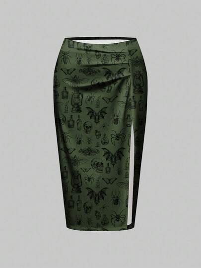 Goth Gonna lunga con spacco alto e stampa integrale di pipistrelli, teschi e ragni, in stile gotico e misterioso, per taglie comode