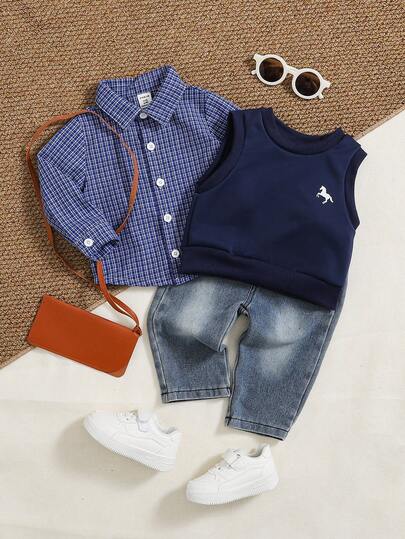 SHEIN Playful Pals 3pcs Baby Boys Casual Outfit Set: Printed Vest + Plaid Long Sleeve Shirt + Denim Pants, Vintage Animal Print Waistcoat With Collared Single-Breasted Top And Washed Jeans, Suitable For Autumn/Winter Daily Wear And Back To School, British Style