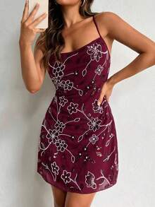 Aloruh Elegante y sexy vestido de tirantes con bordado de cuentas burdeos y espalda descubierta, para verano - Burdeos - Ver 6