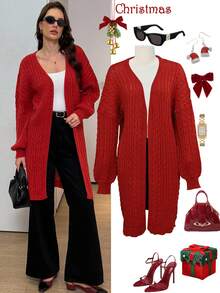 Easowa Red Casual Solid Color Mid-Length Cardigan, Autumn/Winter Red Cardigan Women Long Red Cardigan Red Cable Knit Cardigan Women Red Sweater Long Sweaters For Women Red Knit Cardigan Christmas Sweater Women's Winter Sweater Women's Winter National Day New Year Women's