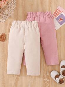 SHEIN Vintaside Kids 女婴时尚灯芯绒蝴蝶结裤，休闲长裤，适合春秋及所有季节 - 彩色 - 查看 3
