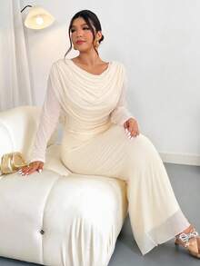 Firerie 加大码优雅舒适派对、聚会、约会、舞会、节日高端场合下午茶弹力网眼荷叶边领收腰女式长袖连衣裙，秋冬 - 杏色 - 查看 9