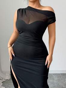 Arcane Artistry 性感黑色透明网眼拼布不对称褶皱高开衩大码女式连衣裙 - 黑色 - 查看 4