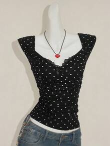 SHEIN ICON Women's Sexy Millennial Style Y2K Young Fashion Black Background White Polka Dot Sweetheart Neckline Splicing Lace Lace Open Back Slim Knit T-Shirt - Multicolor - View 4