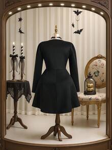 SHEIN Clasi 大码女式派对针织长袖方领串珠水钻装饰短款连衣裙 - 黑色 - 查看 6