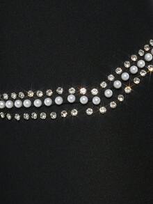 SHEIN Clasi 大码女式派对针织长袖方领串珠水钻装饰短款连衣裙 - 黑色 - 查看 7