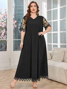 Lacomfia Váy ren trơn tay ngắn cỡ lớn phong cách Ả Rập - màu đen - Xem 5