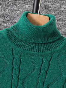 SHEIN Tween Boys' Casual Everyday Versatile Comfortable High Neck Long Sleeve Pullover Sweater Fall Winter - Dark Green - View 4