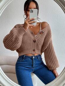 EMERY ROSE Cárdigan de punto casual de manga larga y hombros caídos de unicolor para mujer, otoño/invierno - Champán - Ver 4