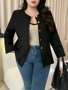 Dazy Plus 大码女式休闲开衫，喇叭袖，收腰设计，秋季女式外套 - 黑色 - 查看 1