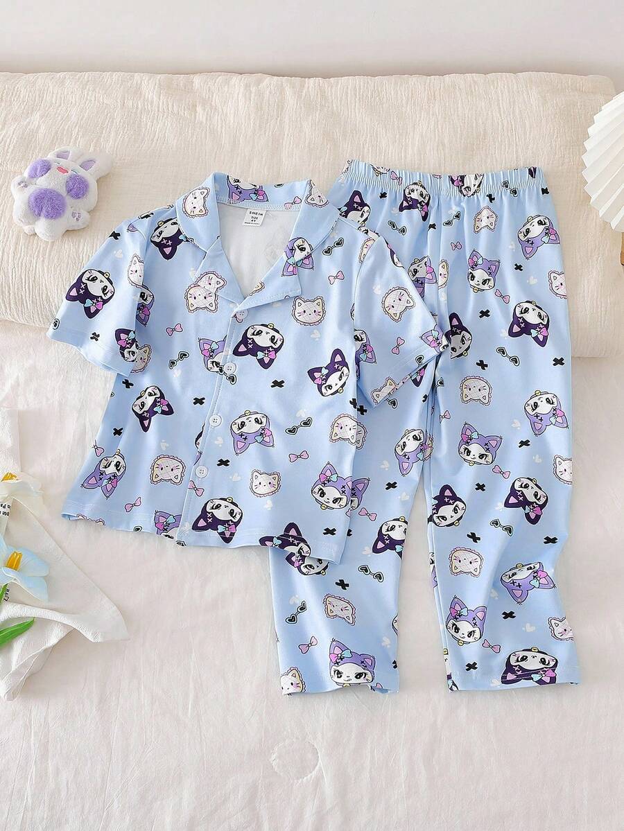 少女可爱深色小猫印花开衫和裤子休闲家居服套装，甜美可爱系列 - 藍色 - 查看 1