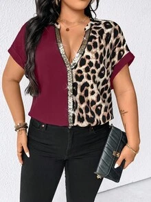 Elenzga Áo cánh cổ chữ V họa tiết da báo thường ngày cỡ lớn dành cho nữ - Màu Đỏ Sâu - Xem 5