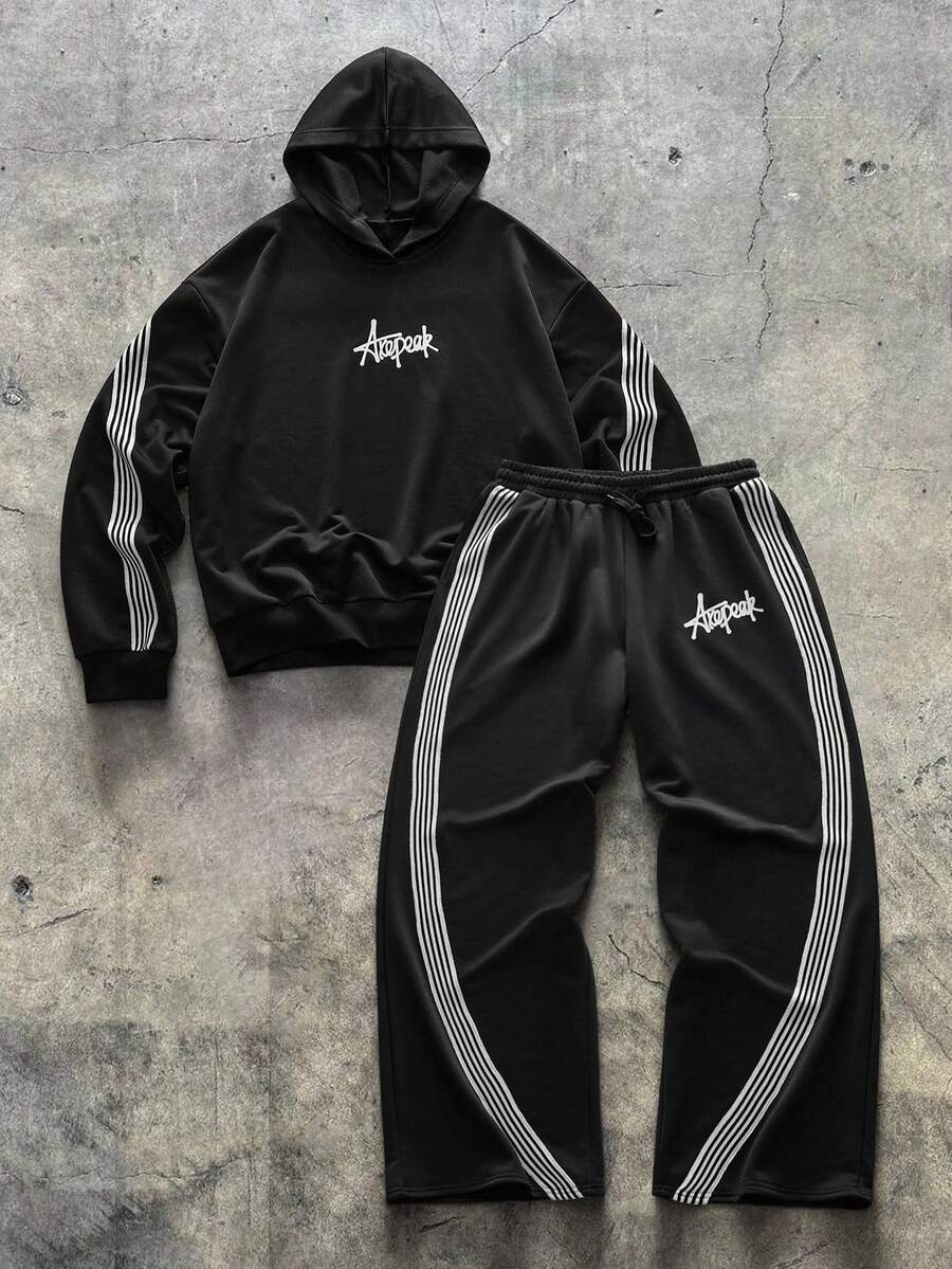 AXEPEAK 男士撞色条纹和字母印花连帽衫和运动裤套装，秋冬装 - 黑色 - 查看 1