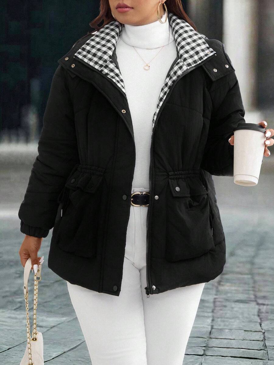 EMERY ROSE Women's Plus Size Casual Hooded Jacket, Autumn/Winter - Black - View 1