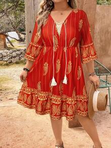EMERY ROSE Hera Paisley Cashew Flower V-Neck Tie Tassel Print Plus Size Mini Dress - Red - View 4