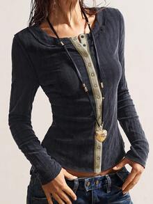 Bohemela 女式休闲纯色修身水洗针织长袖T恤 - 黑色 - 查看 4