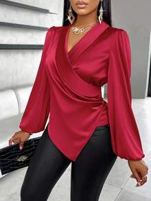 SOLERSUN 纯色裹身灯笼袖缎面衬衫 - 紅色 - 查看 3