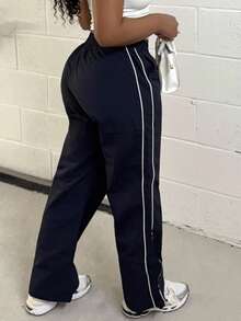 Alexandranx 松紧腰抽绳直筒裤春夏休闲可爱度假机场裤 - 藏蓝色 - 查看 3