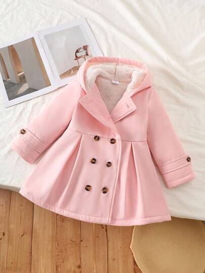 Elladie kids Young Girls ' Pink Knitted Textured Composite Thermal Lined Hooded Long Sleeve Double-Breasted Mid-Length Windbreaker Jacket, Suitable For Autumn/Winter Daily Wear, Outings, Vacations, And Gatherings Fall