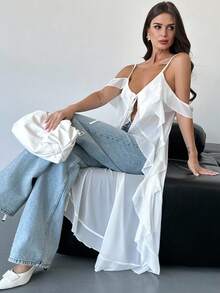 Firerie Women's Bohemian Chic Music Festival Sexy Beach Vacation Sheer Ruffle V-Neck Maxi Camisole Top - White - View 2