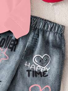 女宝宝秋冬新款独特时尚斜肩黑色打底长袖卫衣和裤子套装 - 粉色 - 查看 5