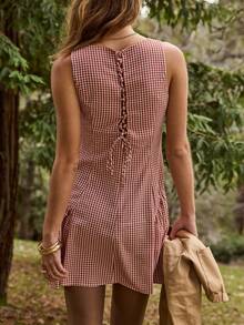Aralina Women's Red And White Plaid Summer Cottage Core Picnic Mini Dress Casual Gingham Fit And Flare Tie Up Front Corset Detail At Back Halloween Outfits - Multicolor - View 2