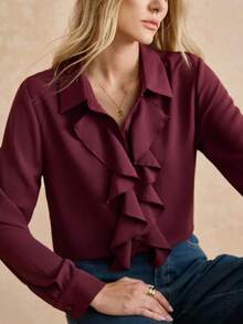 Écloséra Women's Solid Color Long Sleeve Ruffle Trim Fashion Blouse, Fall Shirt - Burgundy - View 5