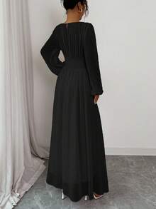 Elenzga Damen Frühling/Sommer Französisch Romantisch Sizilien Elegantes Lässig Pendler Urlaub Nachmittags-Tee-Party Rundhals Geraffter Taille Kordelzug A-Linie Elastischer Bund Maxikleid mit Langarm - Schwarz - Übersicht 2