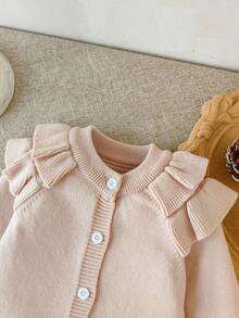 SHEIN Baby Girl Solid Color Patchwork Ruffle Trim Raglan Long Sleeve Romper, Autumn/Winter Fall - Beige - View 4