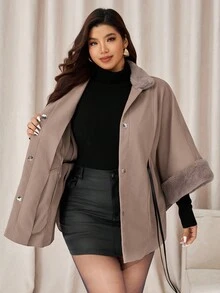 Auralis 大码女装秋冬时尚优雅宽松舒适日常毛绒拼接卡其色斗篷外套配腰带，女装冬装，秋季服装，冬季外套 - 灰色 - 查看 3