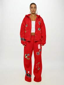 SUMWON WOMEN Varsity Badge Sweatshirt Zip Up Hoodie Patchwork Applique Jersey Numbers Letter Patches Casual Streetwear Fall Winter Loungewear - Red - View 3