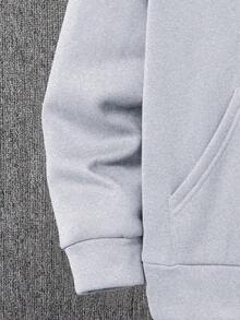 SHEIN 2 件套青少年男孩休闲百搭字母图案斜襟连帽衫和黑色裤子套装，适合秋冬休闲、户外、学校、派对 - 淺灰色 - 查看 5